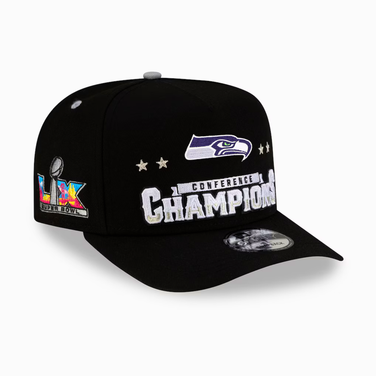 Men's Seattle Seahawks New Era Black 2025 AFC Champions Locker Room Trophy Collection A-Frame 9FIFTY Snapback Hat