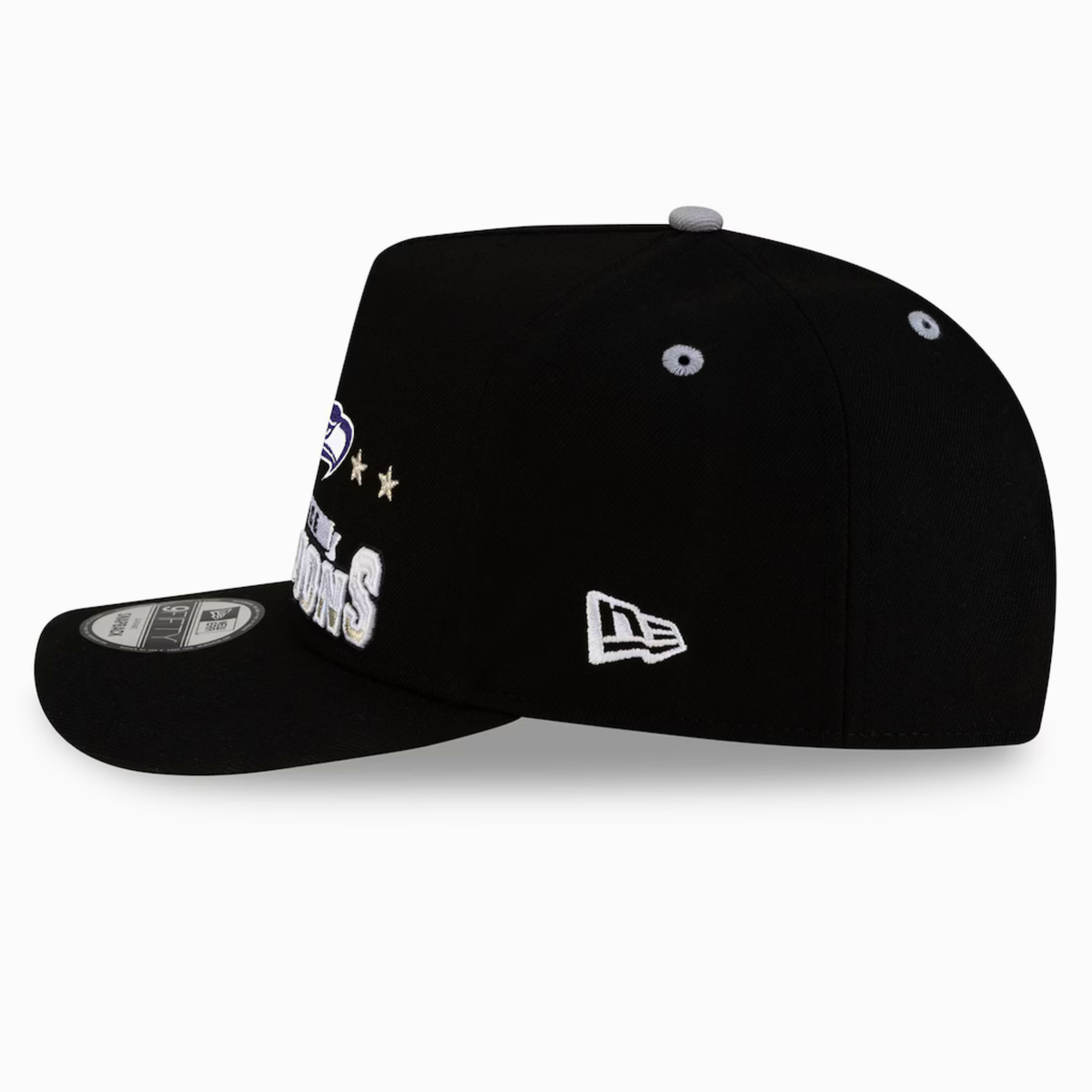 Men's Seattle Seahawks New Era Black 2025 AFC Champions Locker Room Trophy Collection A-Frame 9FIFTY Snapback Hat