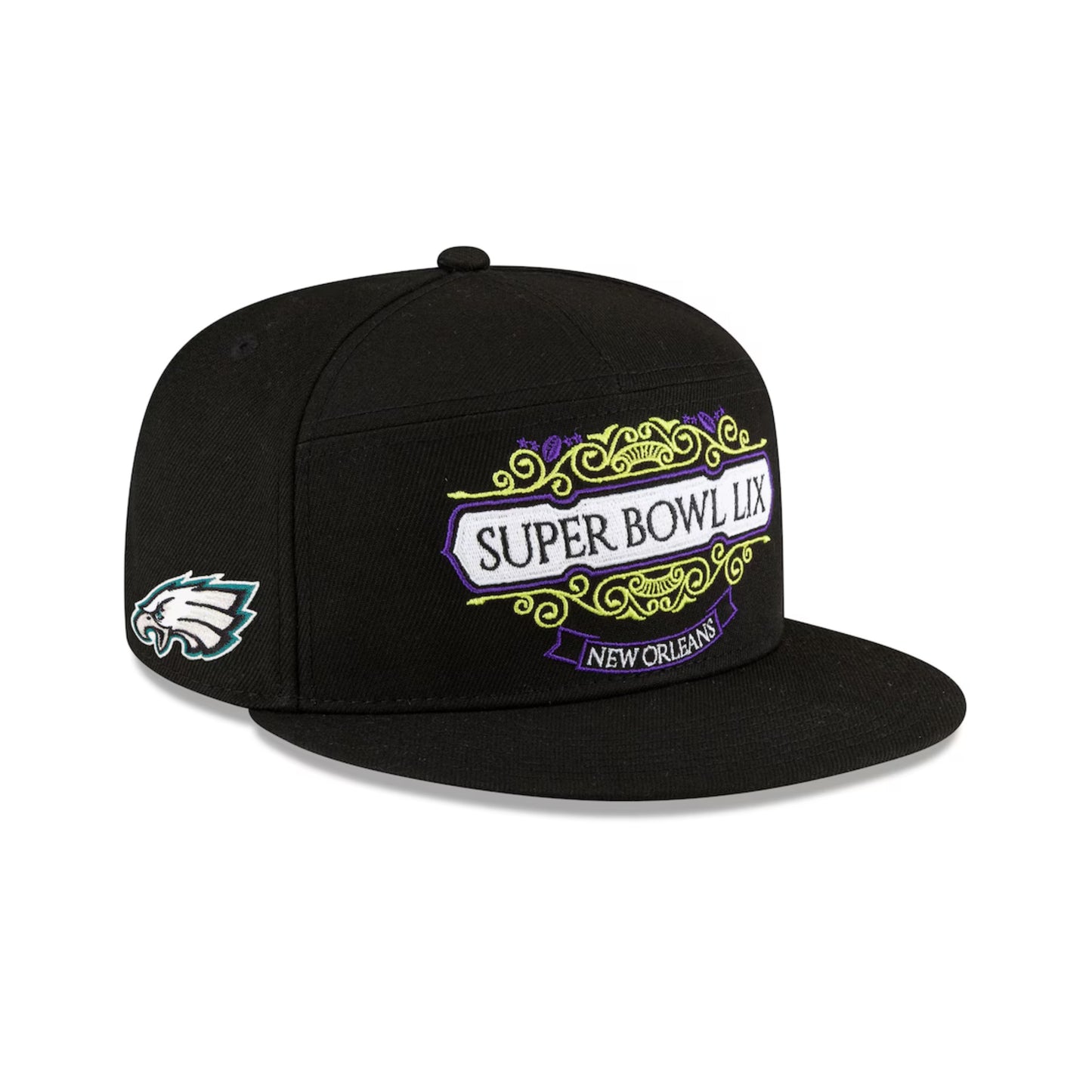 Philadelphia Eagles Men's New Era Black Super Bowl LIX Tarmac Split Panel 9FIFTY Snapback Hat