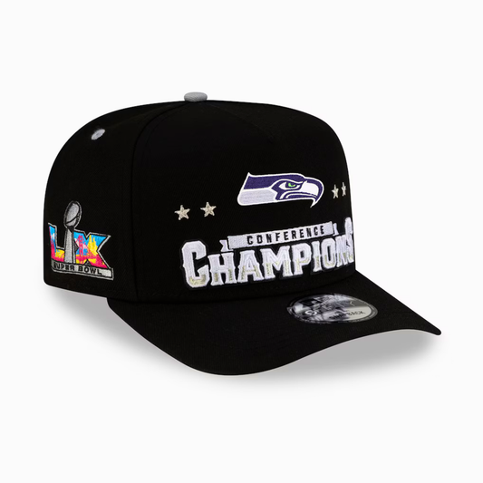 Men's Seattle Seahawks New Era Black 2025 AFC Champions Locker Room Trophy Collection A-Frame 9FIFTY Snapback Hat