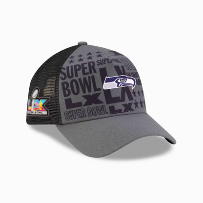 Men's New Era Charcoal Seattle Seahawks Super Bowl LX 9FORTY A-Frame Trucker Adjustable Hat