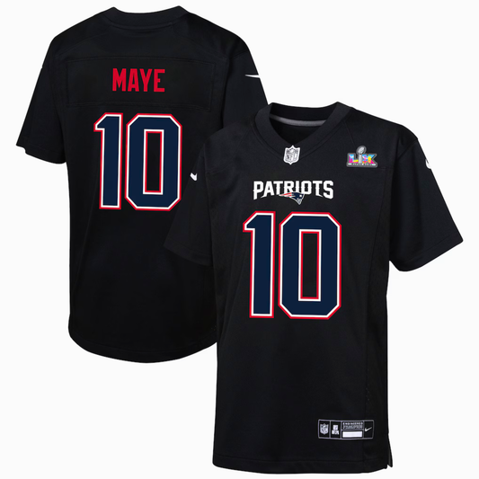 Youth New England Patriots Drake Maye Nike Black Super Bowl LX Patch Carbon Fashion Game Jersey