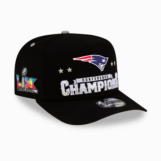 Men's New England Patriots New Era Black 2025 AFC Champions Locker Room Trophy Collection A-Frame 9FIFTY Snapback Hat