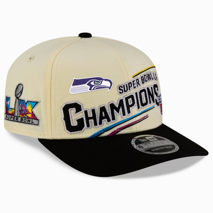 Men's Seattle Seahawks New Era Cream/Black Super Bowl LX Champions Locker Room Trophy Collection 9SEVENTY Adjustable Hat