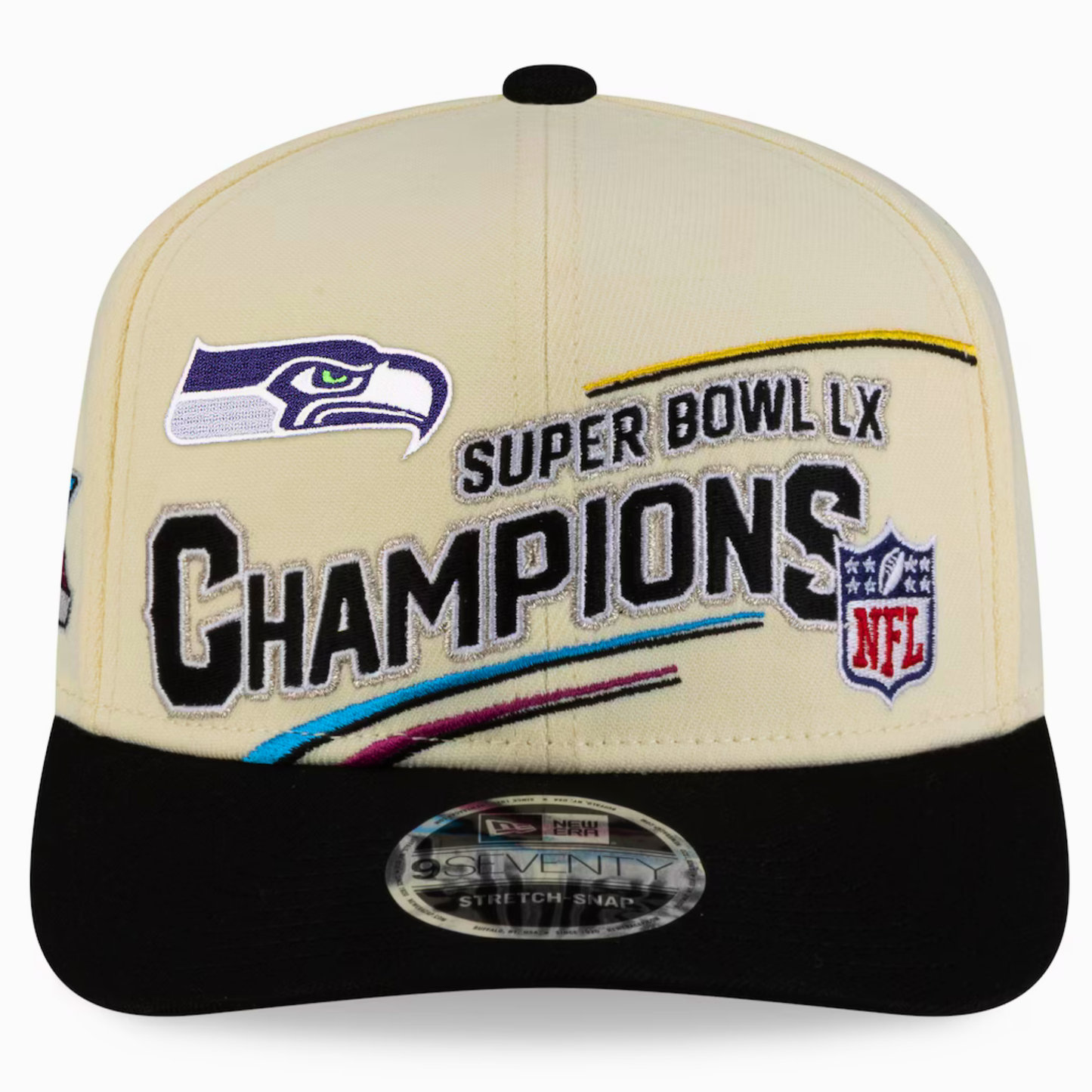 Men's Seattle Seahawks New Era Cream/Black Super Bowl LX Champions Locker Room Trophy Collection 9SEVENTY Adjustable Hat