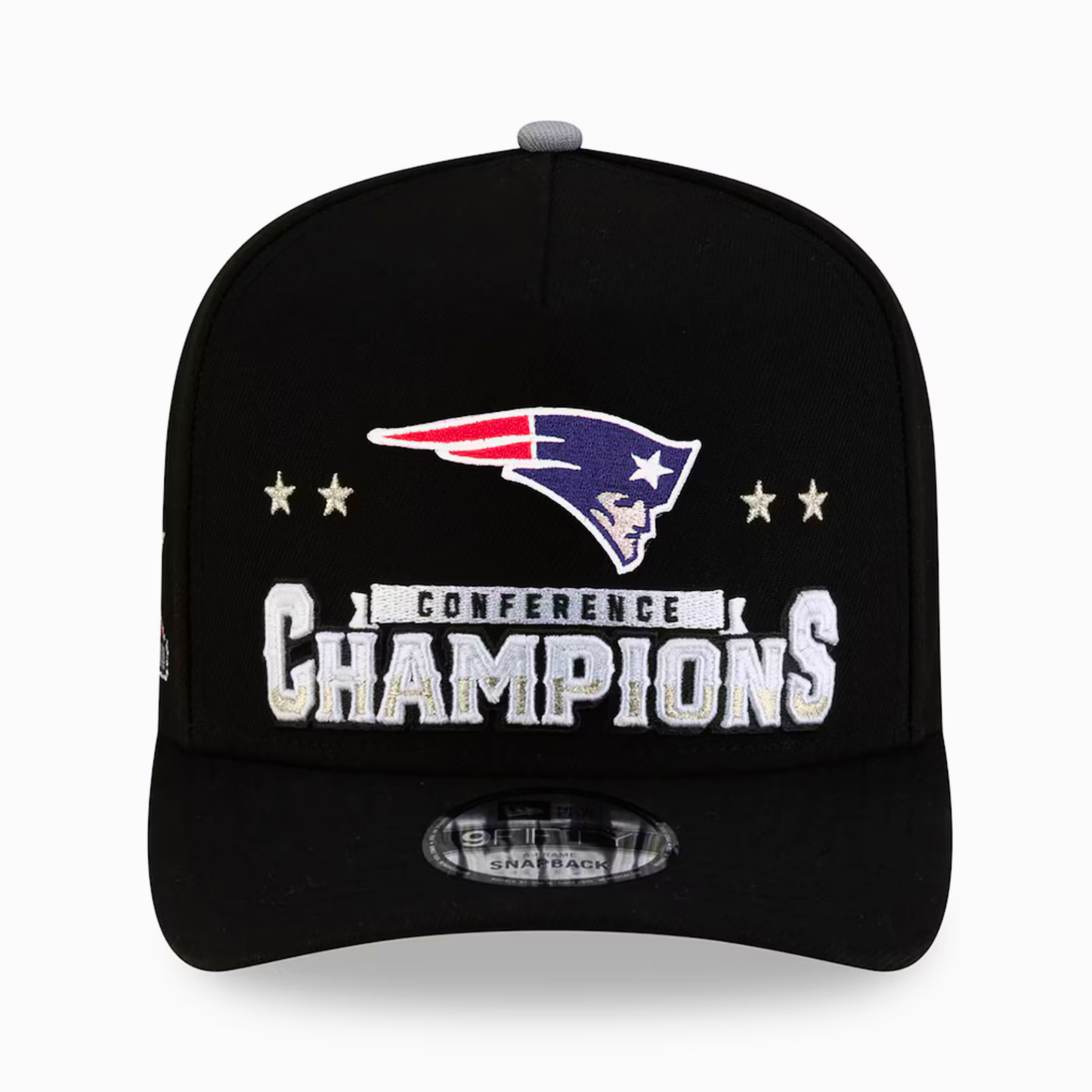 Men's New England Patriots New Era Black 2025 AFC Champions Locker Room Trophy Collection A-Frame 9FIFTY Snapback Hat