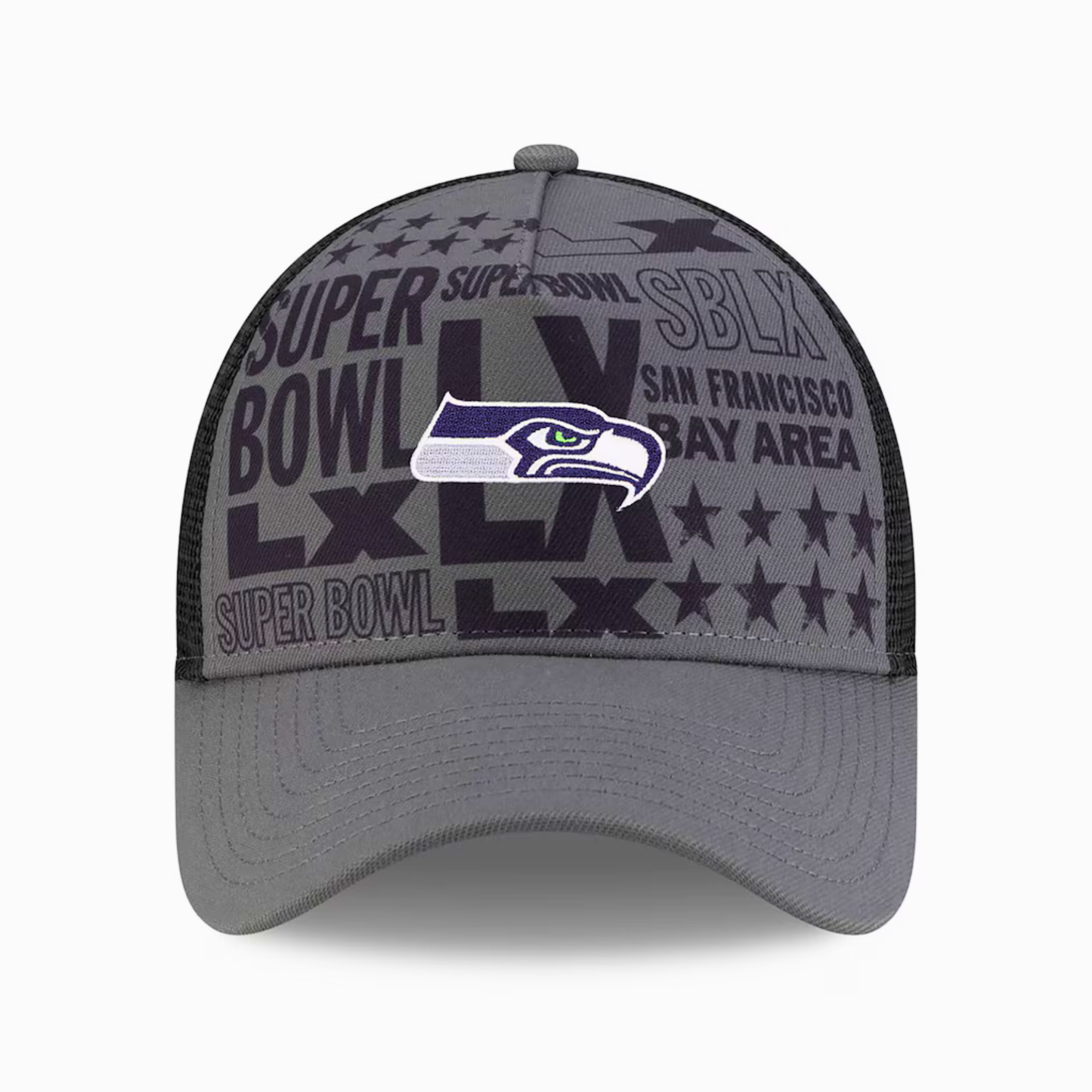 Men's New Era Charcoal Seattle Seahawks Super Bowl LX 9FORTY A-Frame Trucker Adjustable Hat