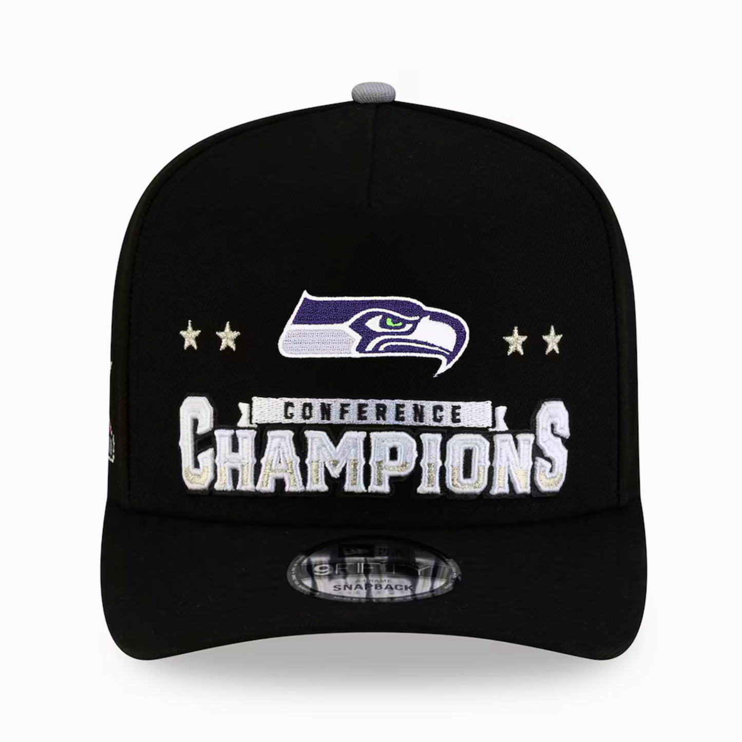 Men's Seattle Seahawks New Era Black 2025 AFC Champions Locker Room Trophy Collection A-Frame 9FIFTY Snapback Hat