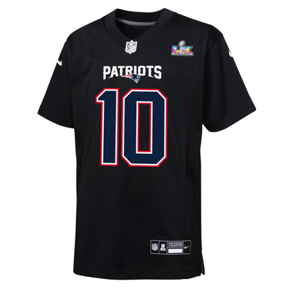 Youth New England Patriots Drake Maye Nike Black Super Bowl LX Patch Carbon Fashion Game Jersey