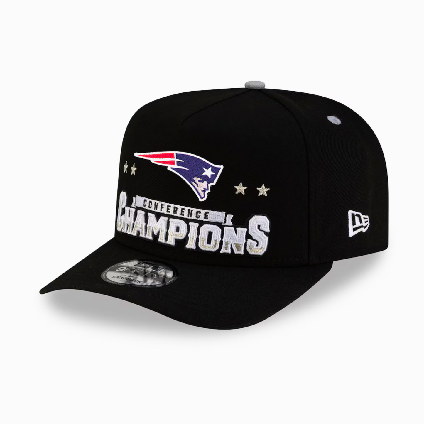 Men's New England Patriots New Era Black 2025 AFC Champions Locker Room Trophy Collection A-Frame 9FIFTY Snapback Hat
