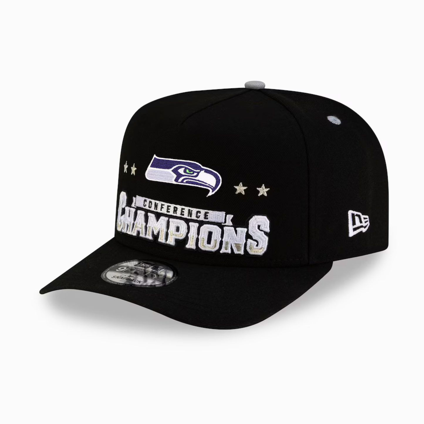Men's Seattle Seahawks New Era Black 2025 AFC Champions Locker Room Trophy Collection A-Frame 9FIFTY Snapback Hat