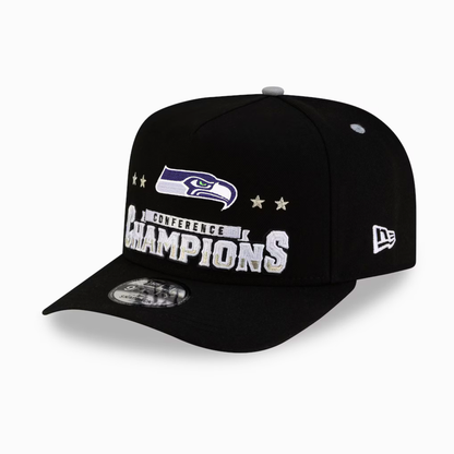 Men's Seattle Seahawks New Era Black 2025 AFC Champions Locker Room Trophy Collection A-Frame 9FIFTY Snapback Hat