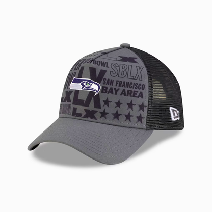 Men's New Era Charcoal Seattle Seahawks Super Bowl LX 9FORTY A-Frame Trucker Adjustable Hat